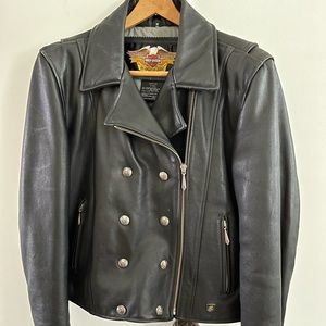 HD Harley Davidson black leather lined riding jacket, size women’s M